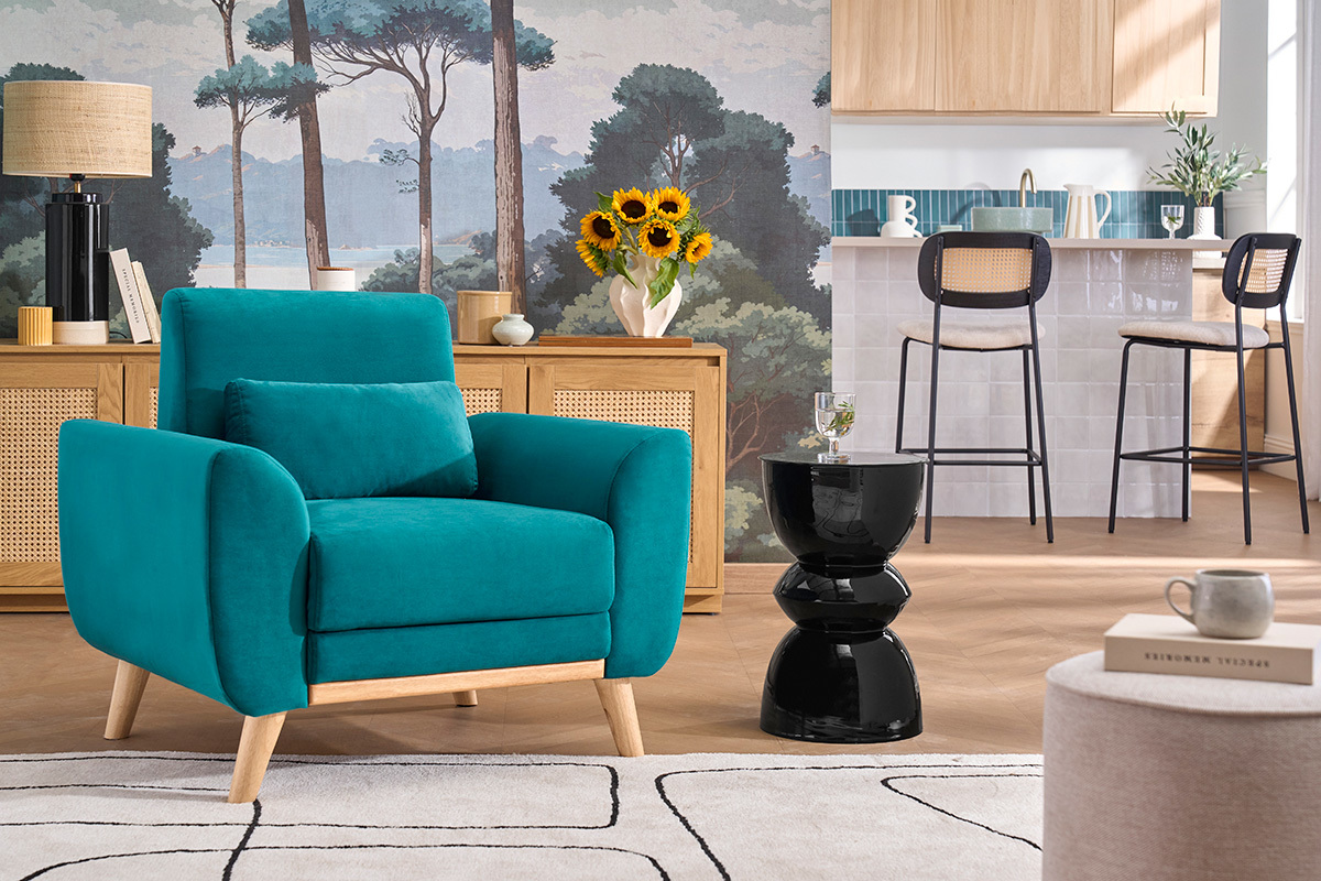 Sill�n dise�o tejido efecto terciopelo azul petr�leo y patas roble  EKTOR