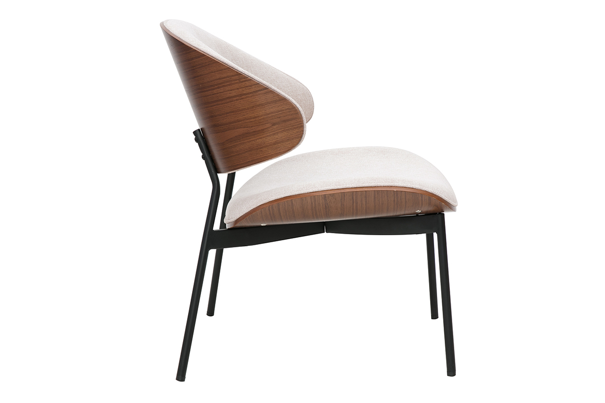 Silln en tela efecto terciopelo texturizado beige, madera oscura y metal negro FABULO