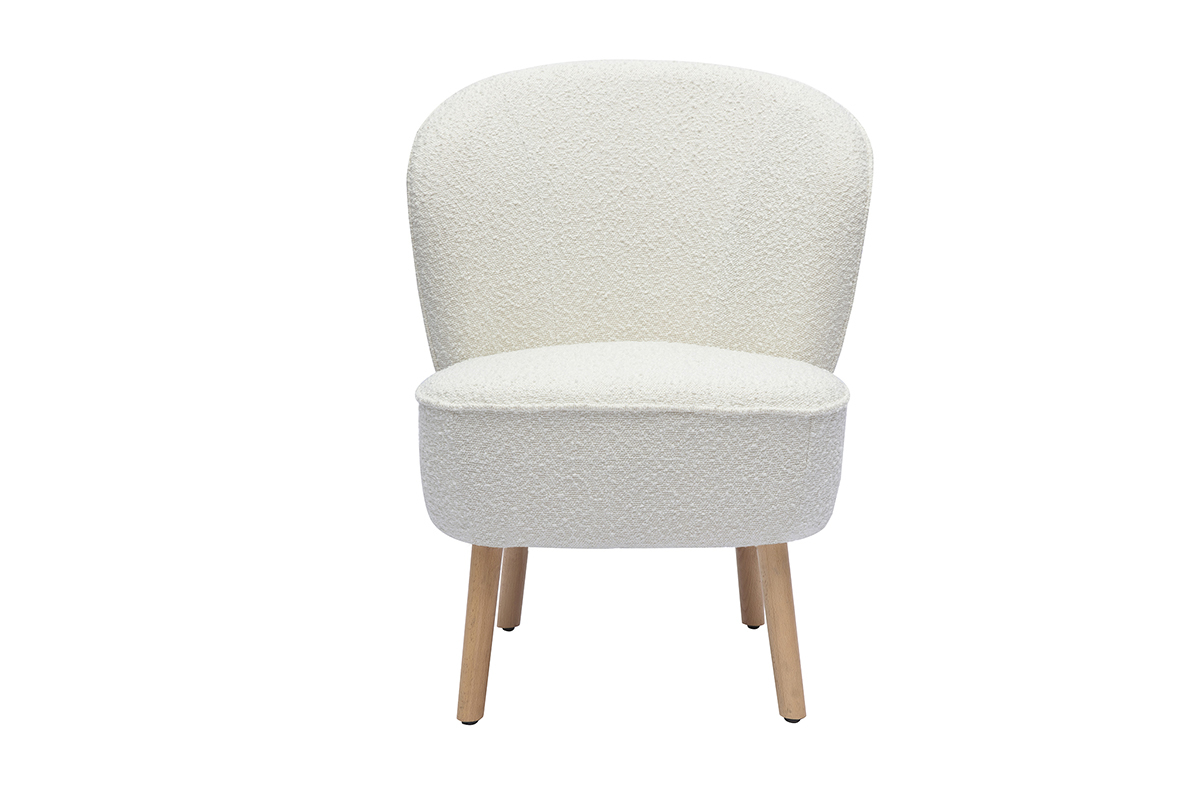 Silln escandinavo de tela blanca con efecto de lana boucle y madera clara AMANITA