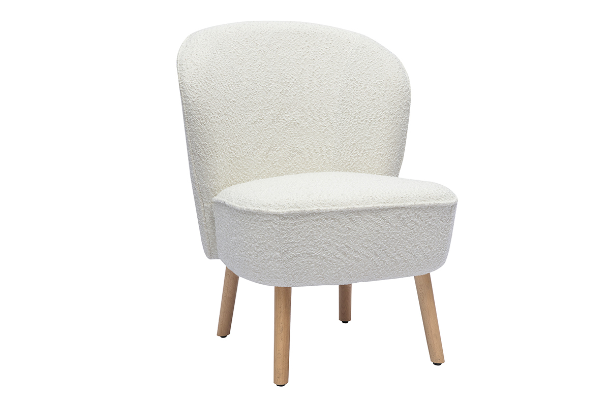 Silln escandinavo de tela blanca con efecto de lana boucle y madera clara AMANITA