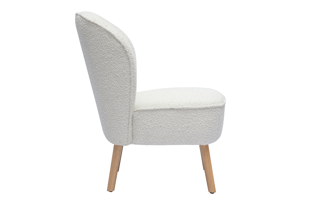 Silln escandinavo de tela blanca con efecto de lana boucle y madera clara AMANITA