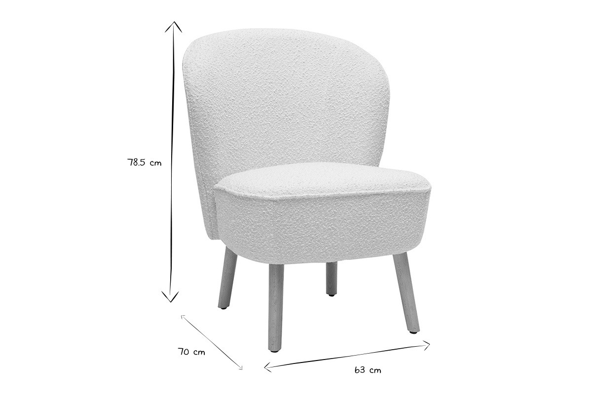 Silln escandinavo de tela blanca con efecto de lana boucle y madera clara AMANITA