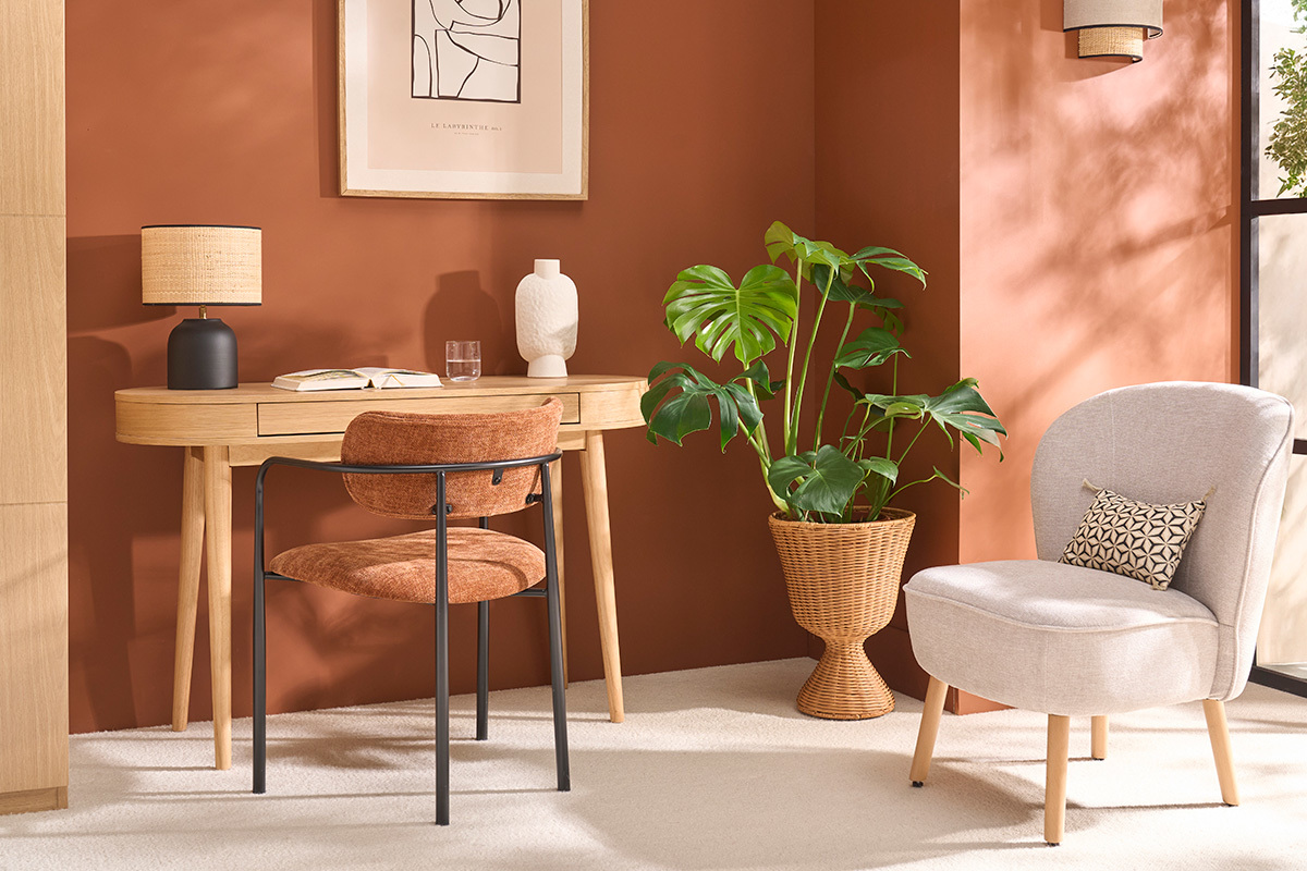 Silln escandinavo de tela efecto terciopelo beige y madera clara AMANITA