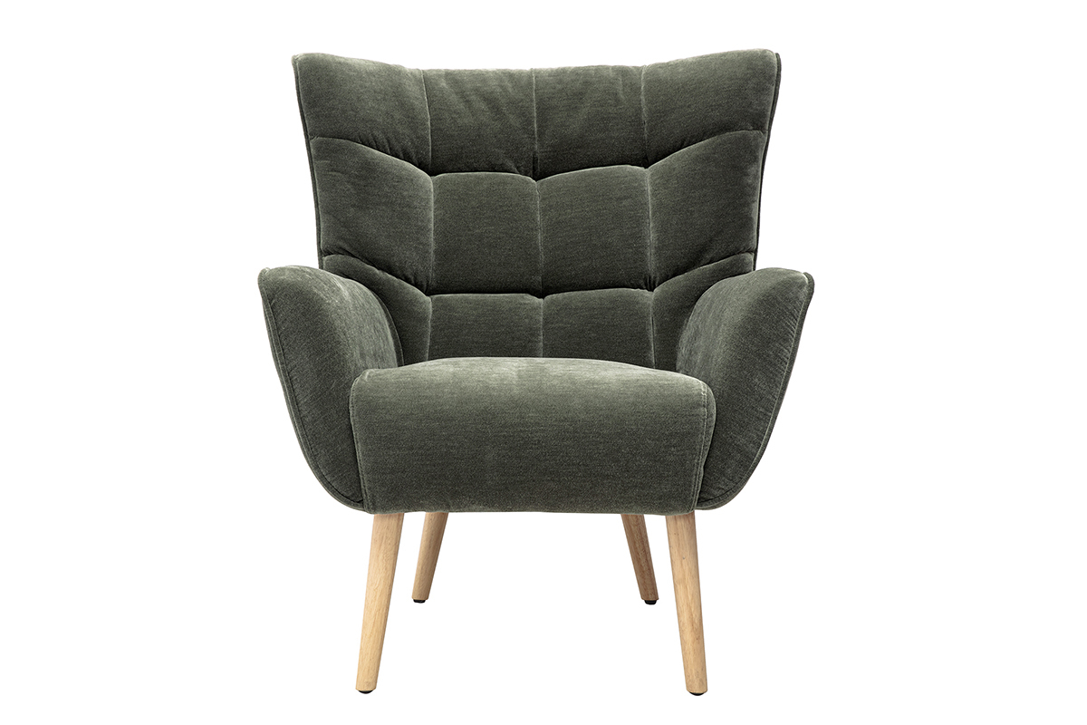 Sill�n escandinavo AVERY en tejido de terciopelo verde caqui, con respaldo capiton� y patas de madera clara.