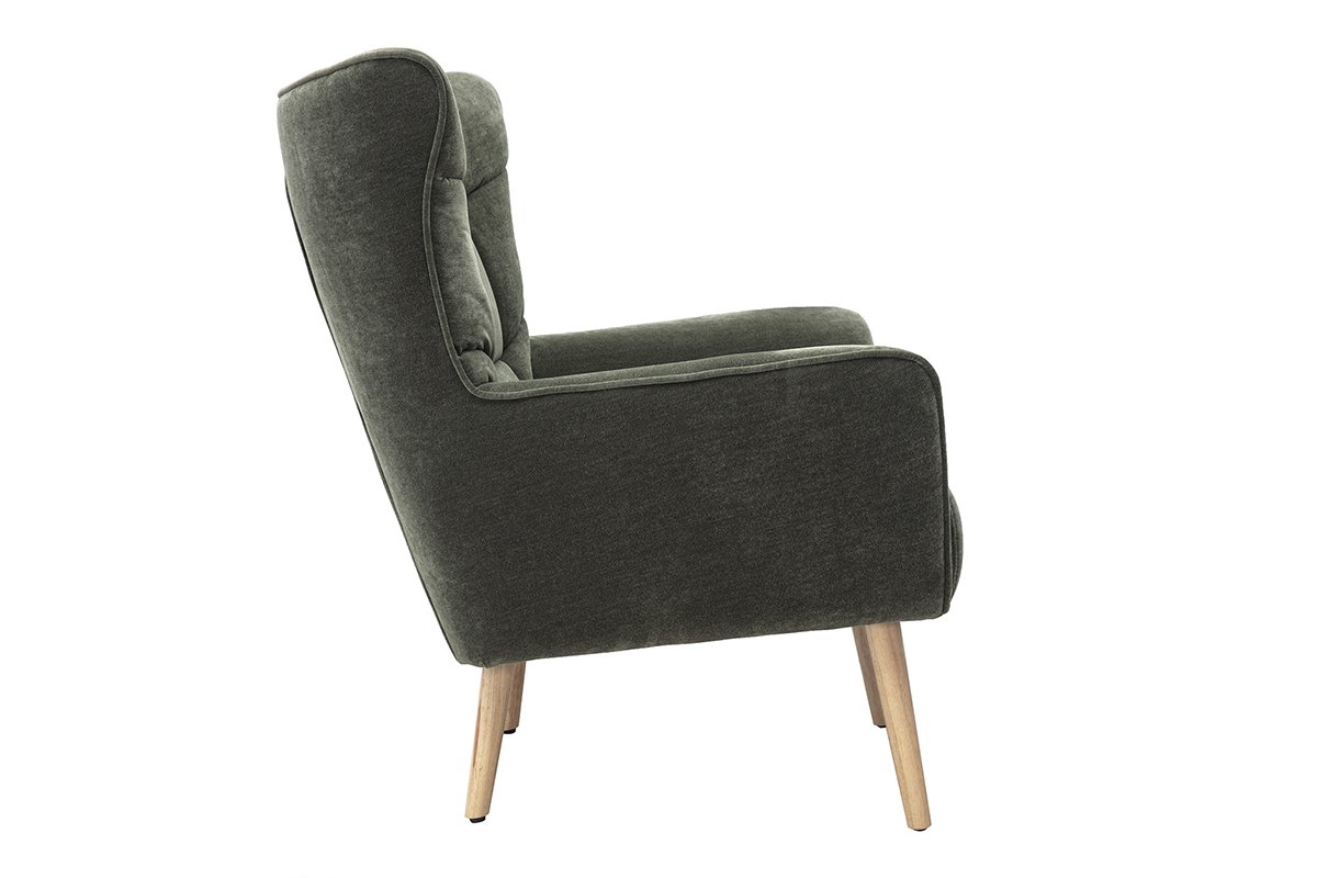 Sill�n escandinavo AVERY en tejido con efecto terciopelo verde caqui, vista de perfil con patas de madera clara.