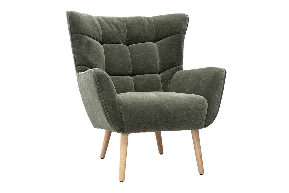 Sill�n escandinavo AVERY en tejido de terciopelo verde caqui con patas de caucho, vista en 3/4