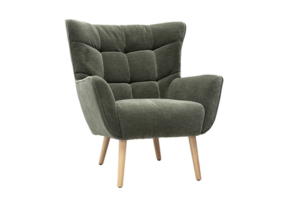 Sill&oacute;n escandinavo de tela efecto terciopelo verde caqui y madera clara AVERY