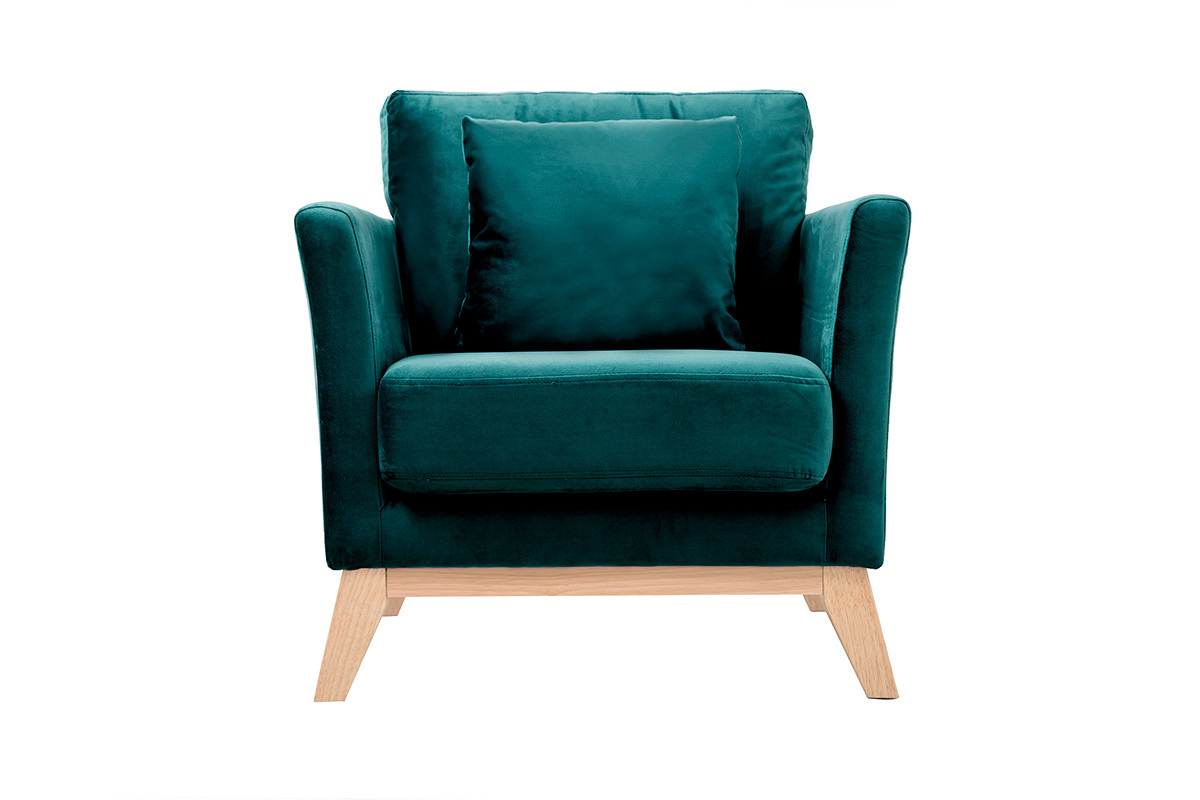 Silln escandinavo desenfundable de terciopelo azul petrleo y madera clara OSLO