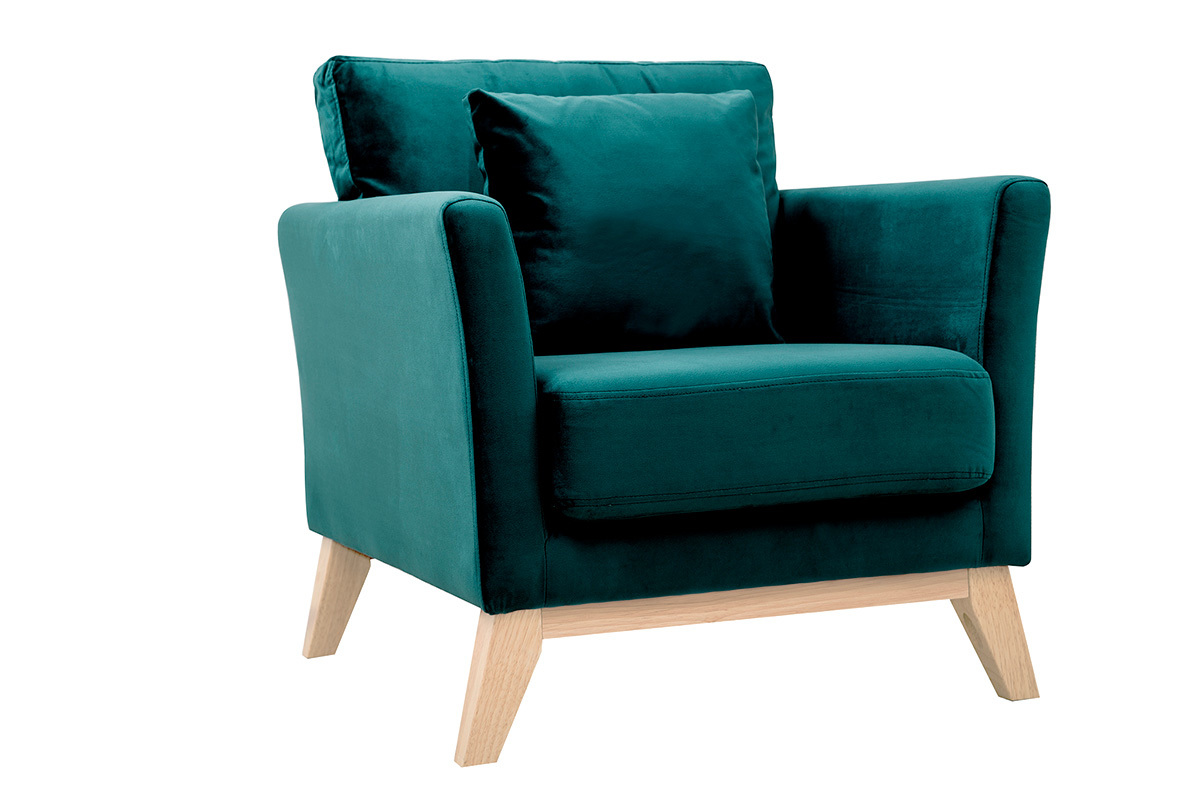 Silln escandinavo desenfundable de terciopelo azul petrleo y madera clara OSLO