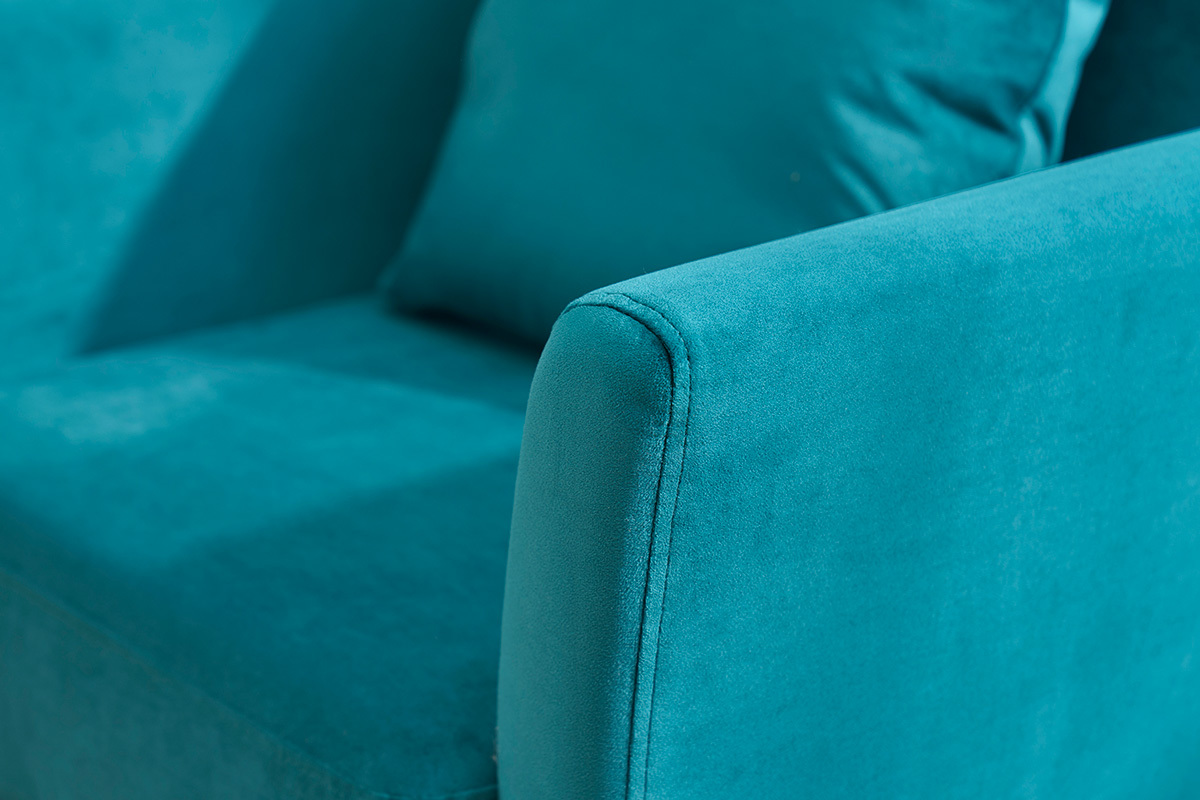 Sill�n escandinavo desenfundable de terciopelo azul petr�leo y madera clara OSLO