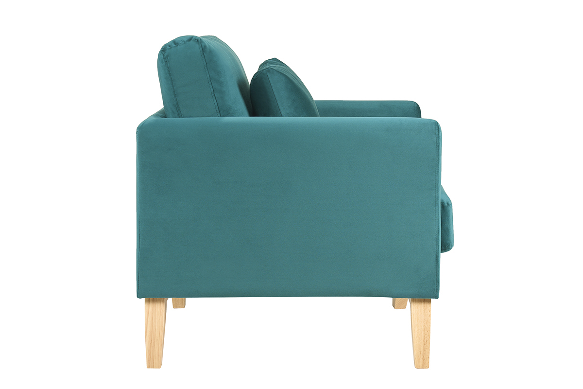 Sill�n escandinavo en terciopelo azul petr�leo, vista lateral, con patas de madera clara.