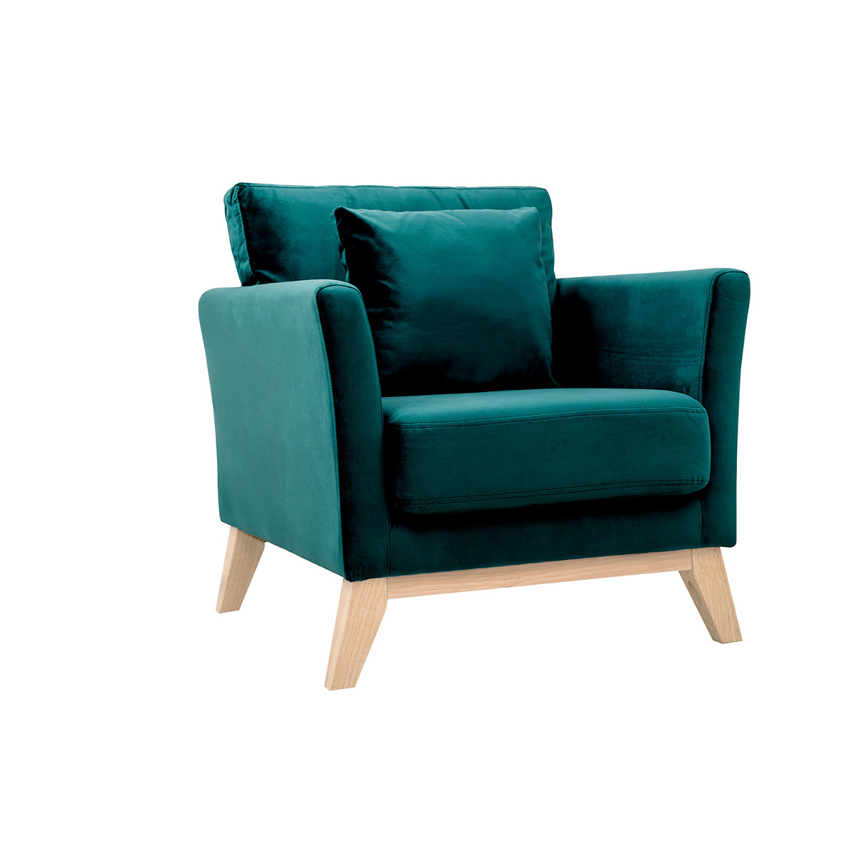 Sillón escandinavo desenfundable de terciopelo azul petróleo y madera clara OSLO