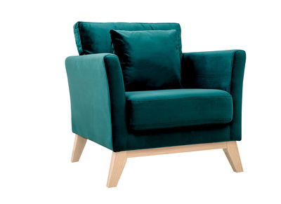 Sillón escandinavo desenfundable de terciopelo azul petróleo y madera clara OSLO