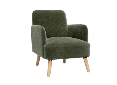 Sill&oacute;n escandinavo en tela efecto terciopelo verde caqui y madera clara ISKO