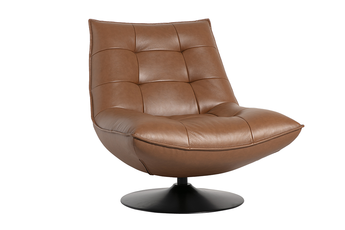 Sill�n giratorio de cuero marr�n y metal negro HUXLEY, vista de tres cuartos