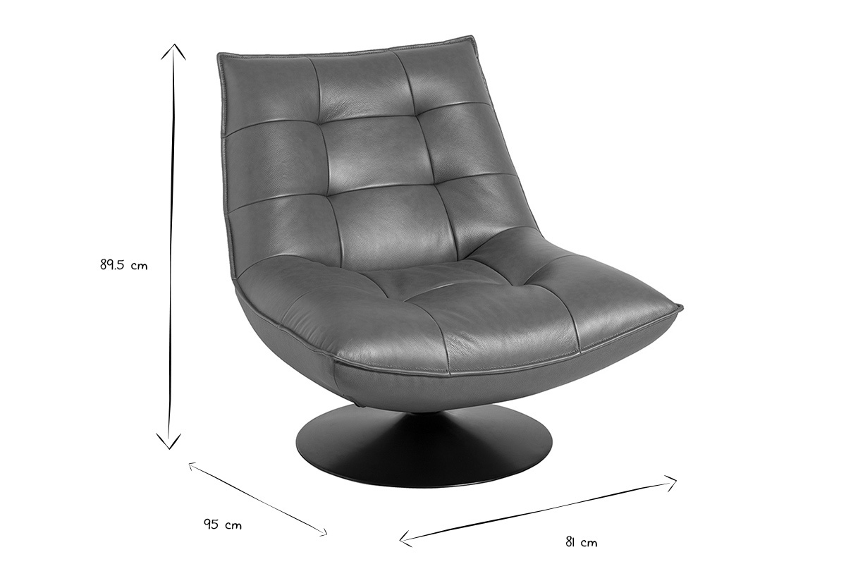 Sill�n giratorio HUXLEY en cuero marr�n, dimensiones: H89.5 x L81 x P95 cm, en blanco y negro.