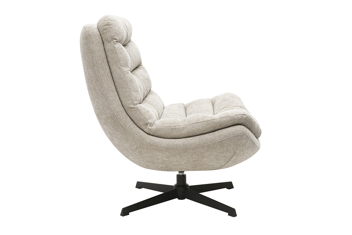 Sill�n giratorio de tela con efecto terciopelo texturizado beige, vista de perfil, con base de metal negro.