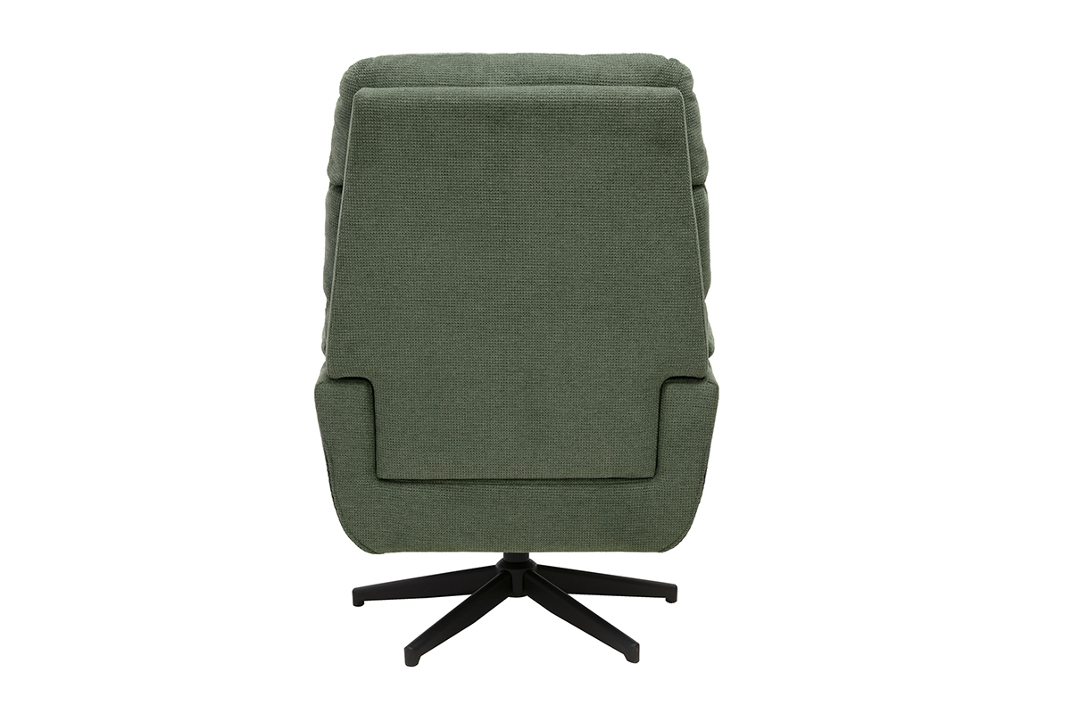 Silla giratoria verde caqui, vista trasera, base de metal negro.