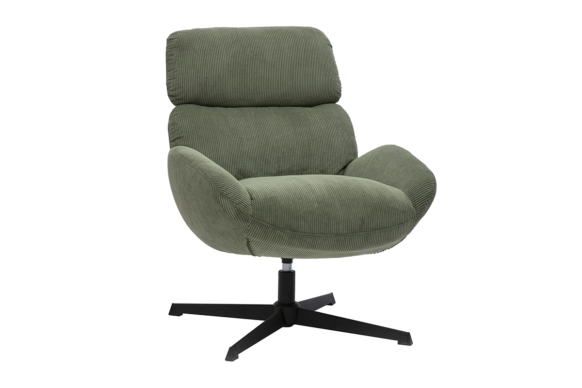 Silln giratorio de terciopelo acanalado verde caqui y metal negro KLEM