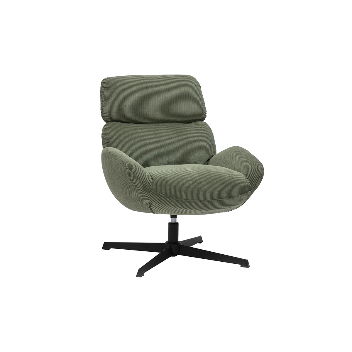 Sillón giratorio de terciopelo acanalado verde caqui y metal negro KLEM