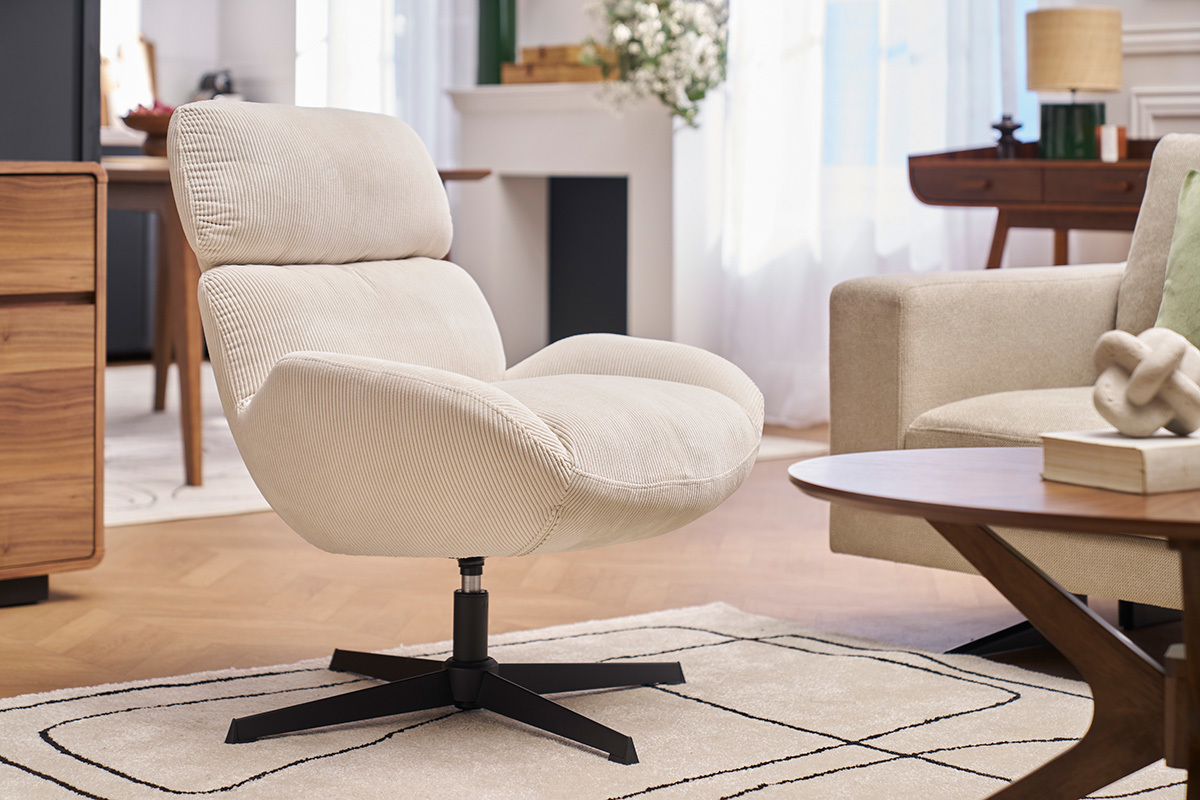 Silln giratorio de terciopelo beige y metal negro KLEM