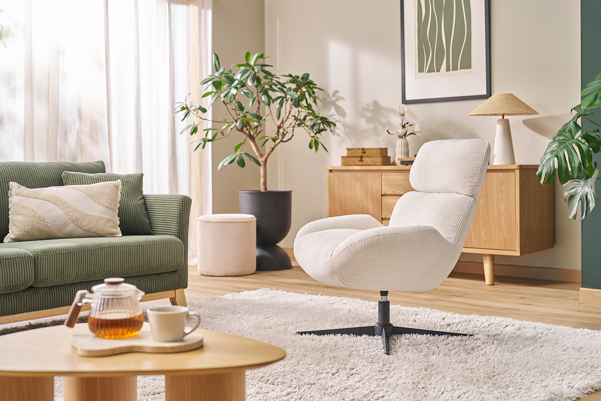 Silln giratorio de terciopelo beige y metal negro KLEM