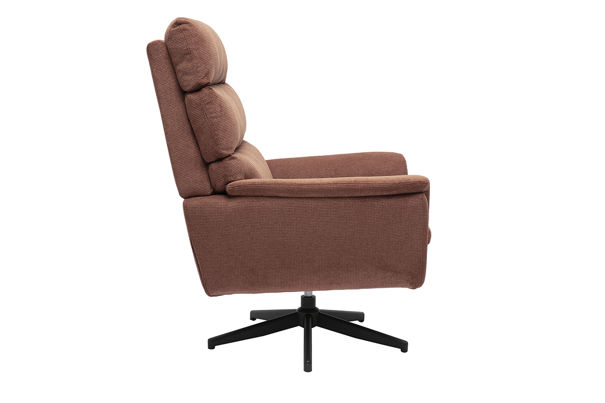Sill�n giratorio JONAH en tejido de chenilla color tierra quemada, vista de perfil con base de metal negro.