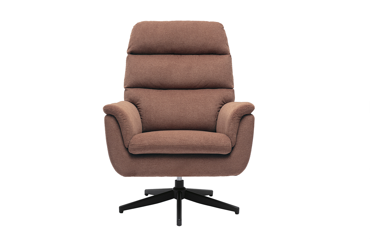 Sill�n giratorio tapizado en tejido de chenilla color tierra quemada con base de metal negro, vista frontal
