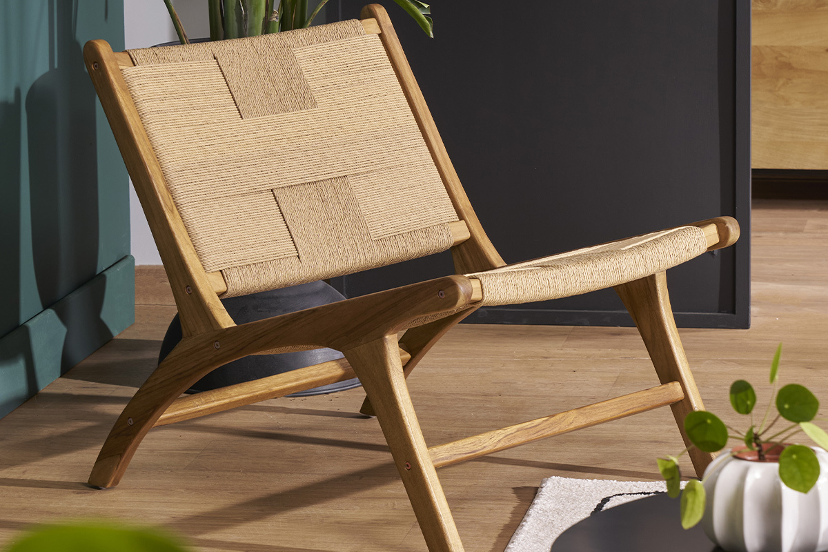 Silln lounge de madera de teca maciza y cuerda trenzada YARI