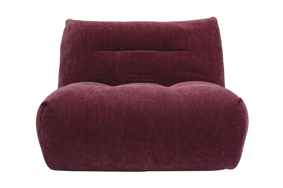 Sill�n lounge BUMPY en tejido efecto terciopelo ciruela, vista frontal, dise�o contempor�neo sin reposabrazos.