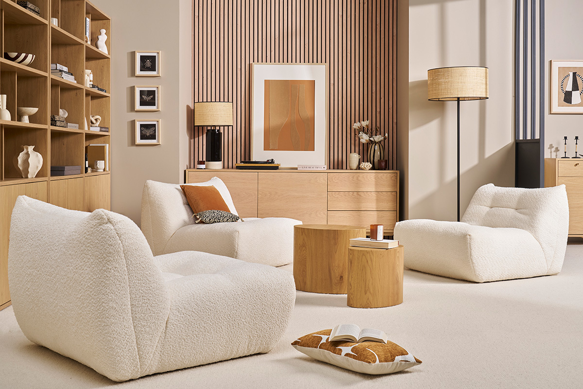 Silln lounge en tela boucl blanco roto BUMPY