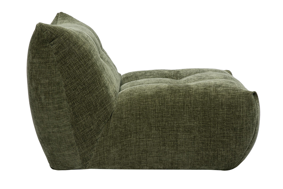 Sill�n lounge BUMPY verde caqui, vista lateral, tela efecto terciopelo texturizado.