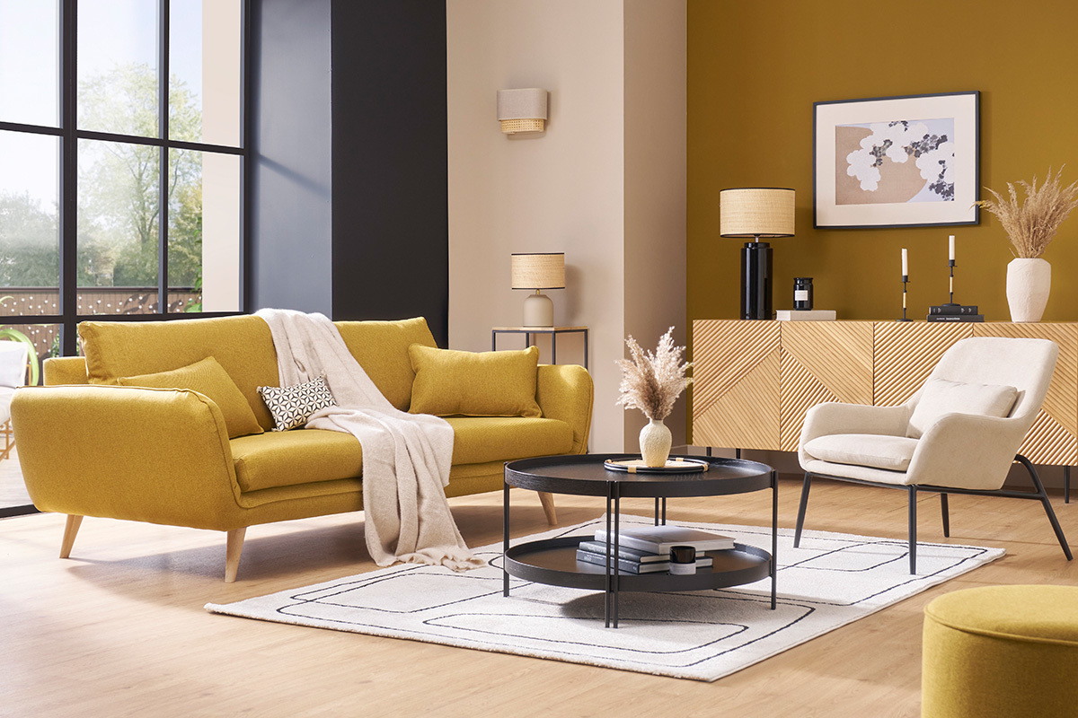 Silln moderno de tejido efecto aterciopelado beige y metal negro MAXINE