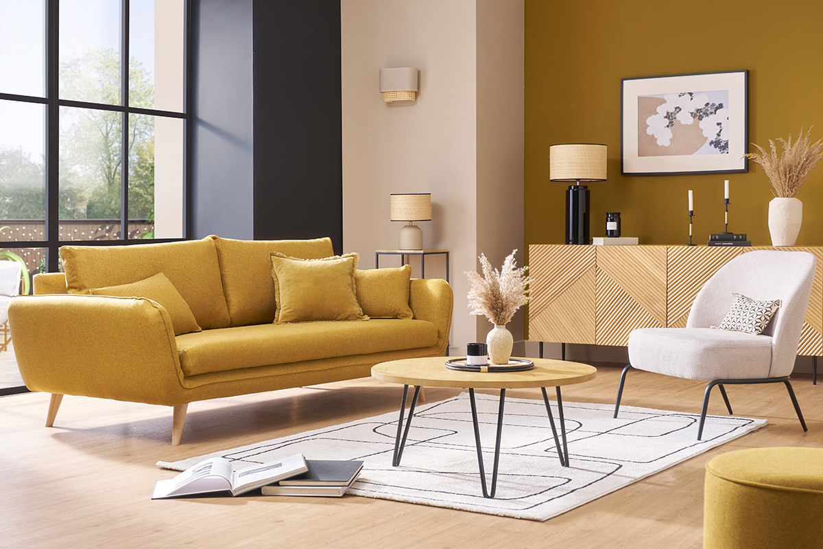 Silln moderno de tejido efecto aterciopelado texturizado beige y metal negro BREGO