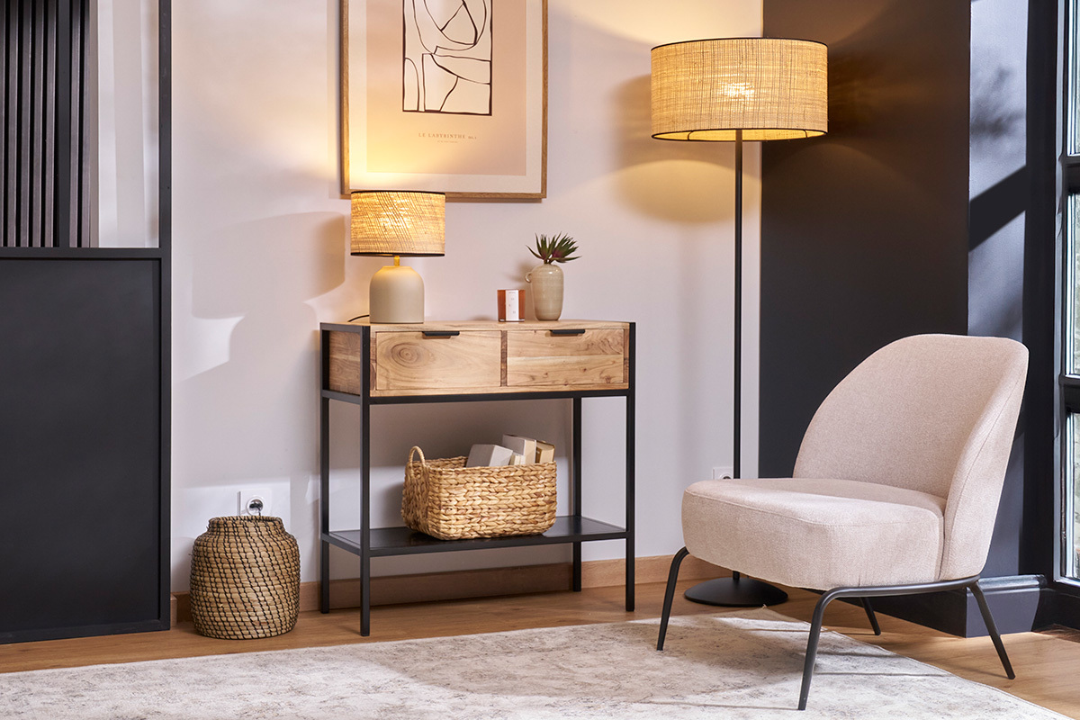 Silln moderno de tejido efecto aterciopelado texturizado beige y metal negro BREGO
