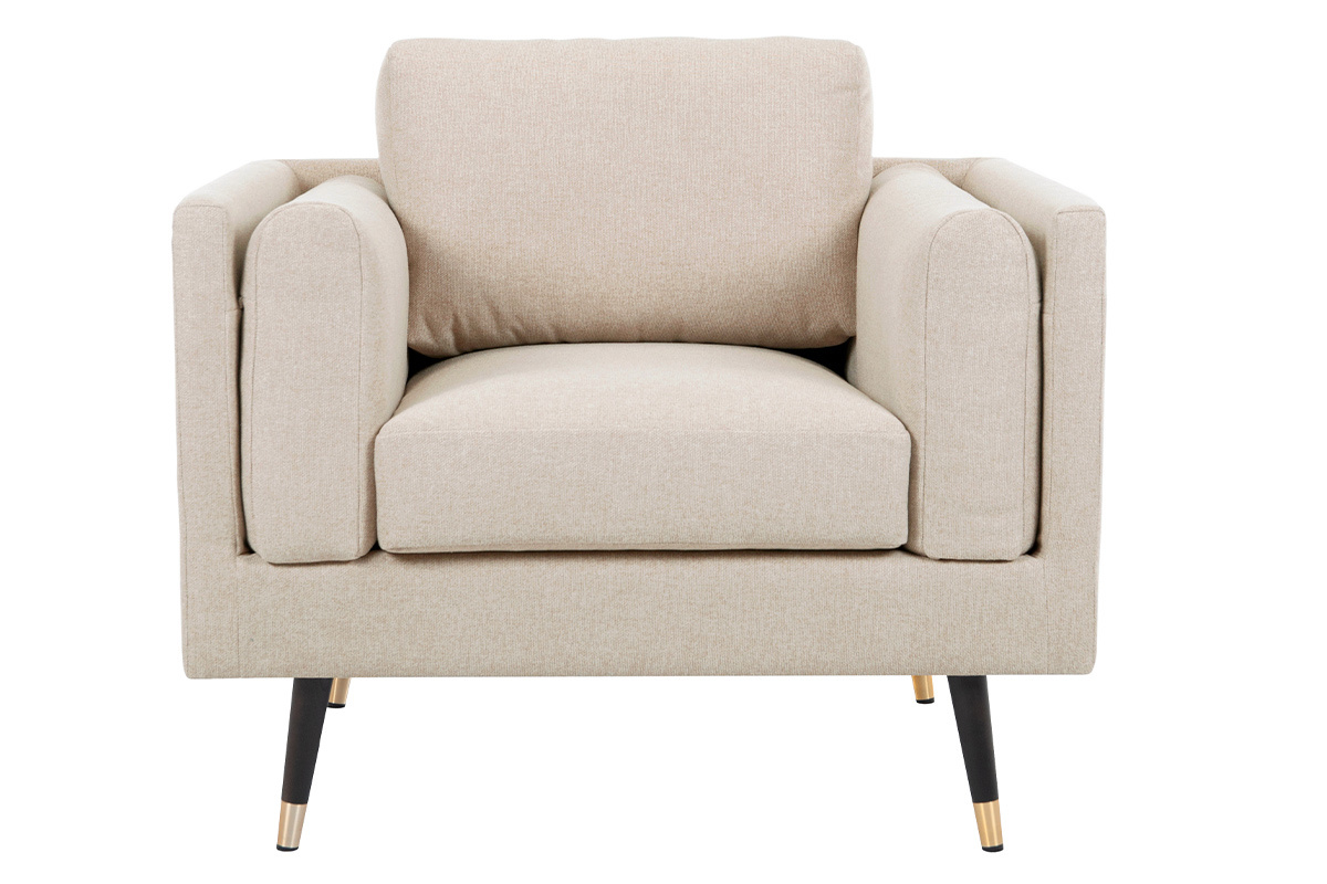Silln moderno de tela beige natural, madera negra y metal dorado STING