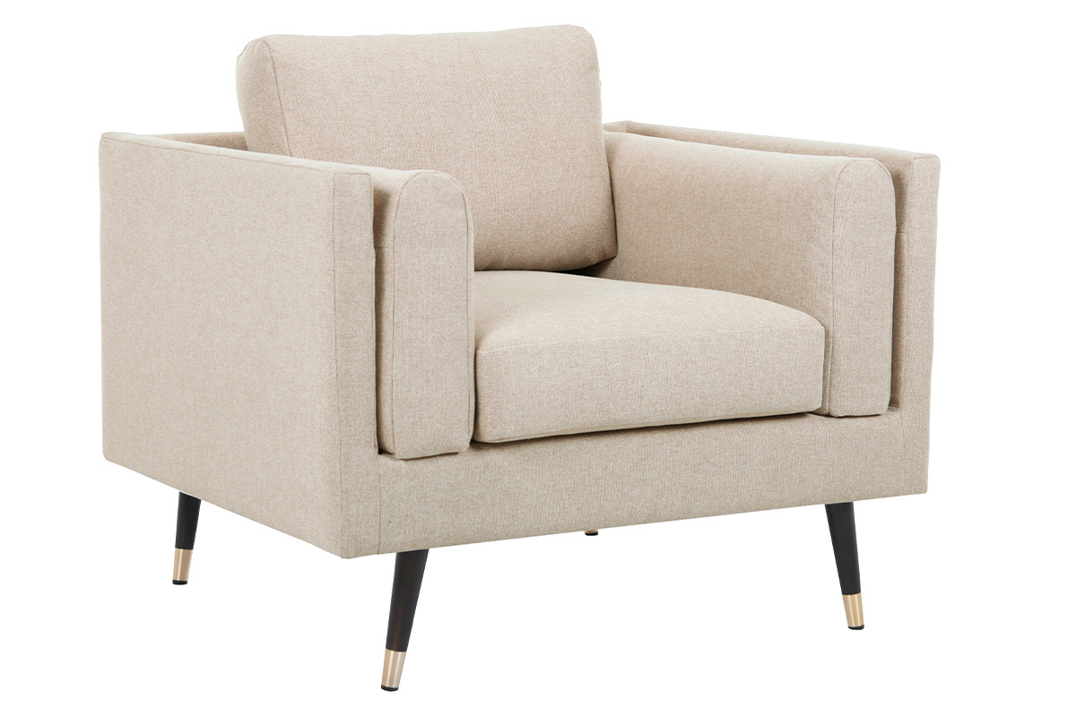 Silln moderno de tela beige natural, madera negra y metal dorado STING
