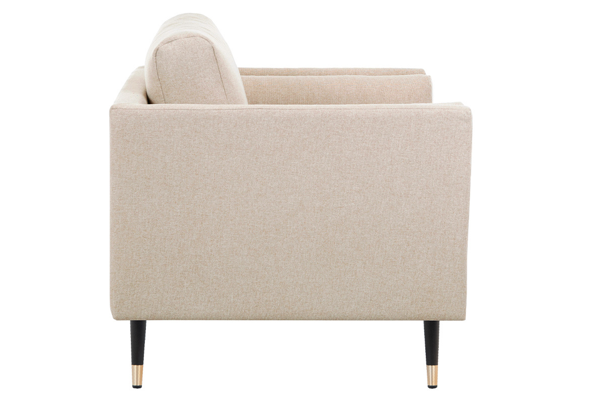 Silln moderno de tela beige natural, madera negra y metal dorado STING