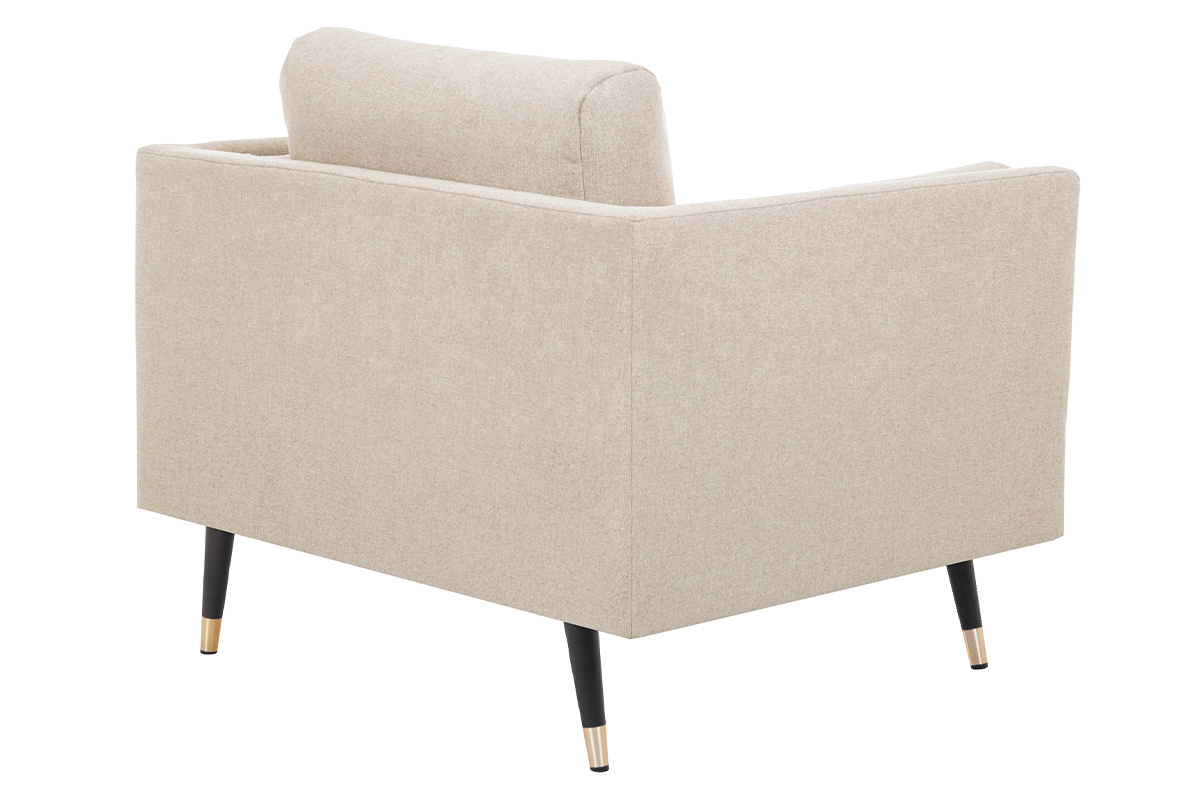 Silln moderno de tela beige natural, madera negra y metal dorado STING