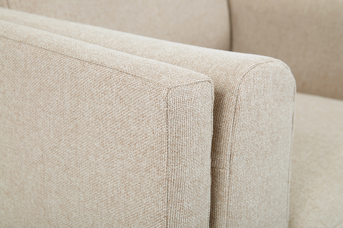 Silln moderno de tela beige natural, madera negra y metal dorado STING