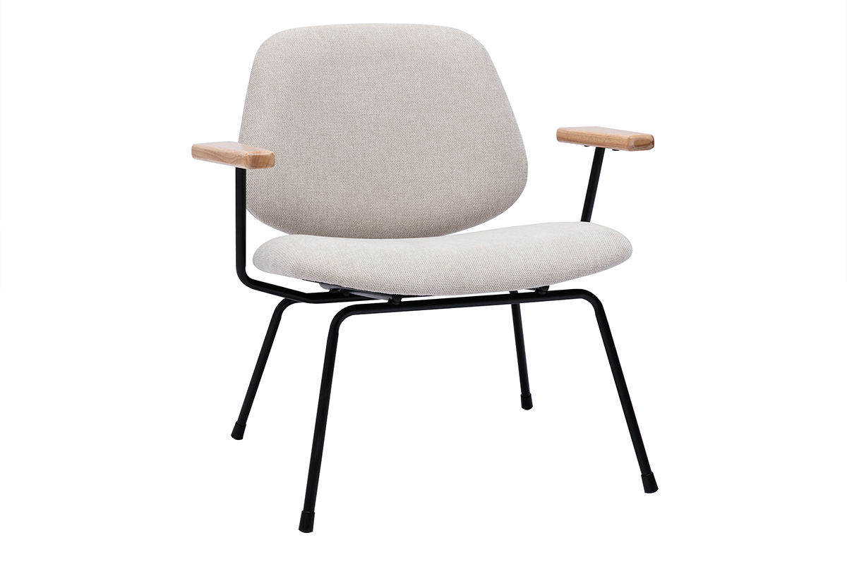 Silln moderno de tela efecto aterciopelado beige, metal negro y madera clara BARNET