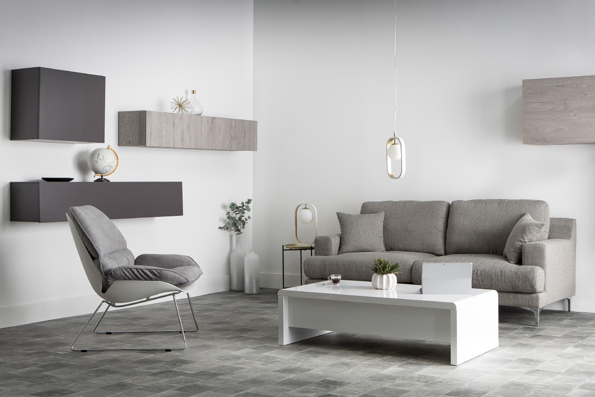 Silln moderno parte exterior blanca y tejido gris KOKON