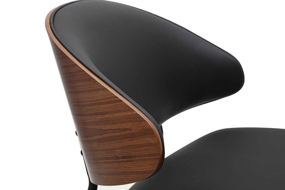 Detalle del respaldo en chapa de nogal y asiento negro de la silla FABULO.