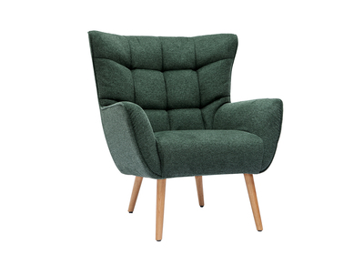 Sillón nórdico con tejido efecto aterciopelado texturizado verde oscuro y madera de caucho maciza AVERY