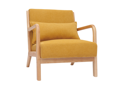 Sillón nórdico de tejido efecto aterciopelado amarillo mostaza y madera clara maciza DERRY