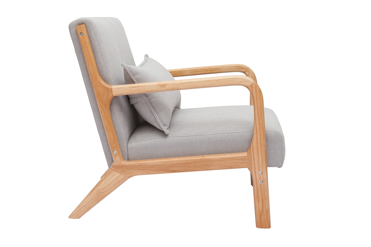 Silln nrdico de tejido efecto aterciopelado gris claro y madera clara maciza DERRY