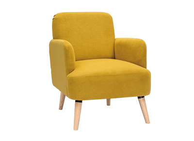 Sillón nórdico de tejido efecto aterciopelado texturizado amarillo mostaza y madera ISKO