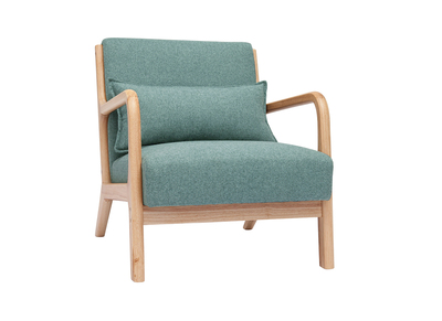 Sillón nórdico de tejido verde grisáceo y madera clara maciza DERRY