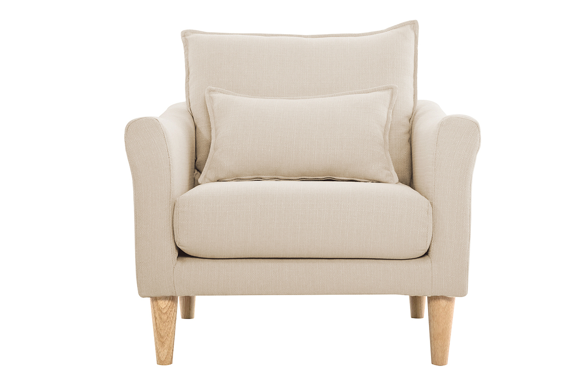 Silln nrdico de tela beige y madera de caucho maciza KATE