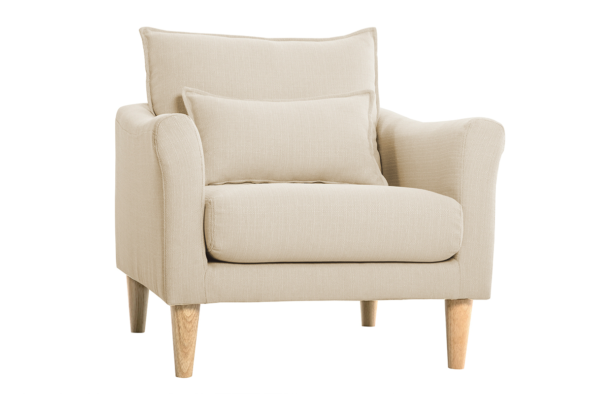 Silln nrdico de tela beige y madera de caucho maciza KATE